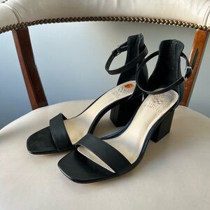 Vince Camuto black leather strappy chunky heels